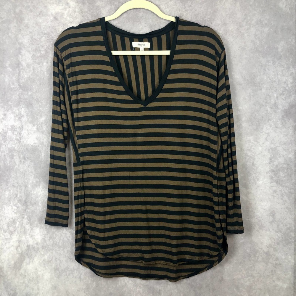 Madewell Shirt Womens XS Anthem Long Sleeve‎ V Neck Striped Top Green Blue
